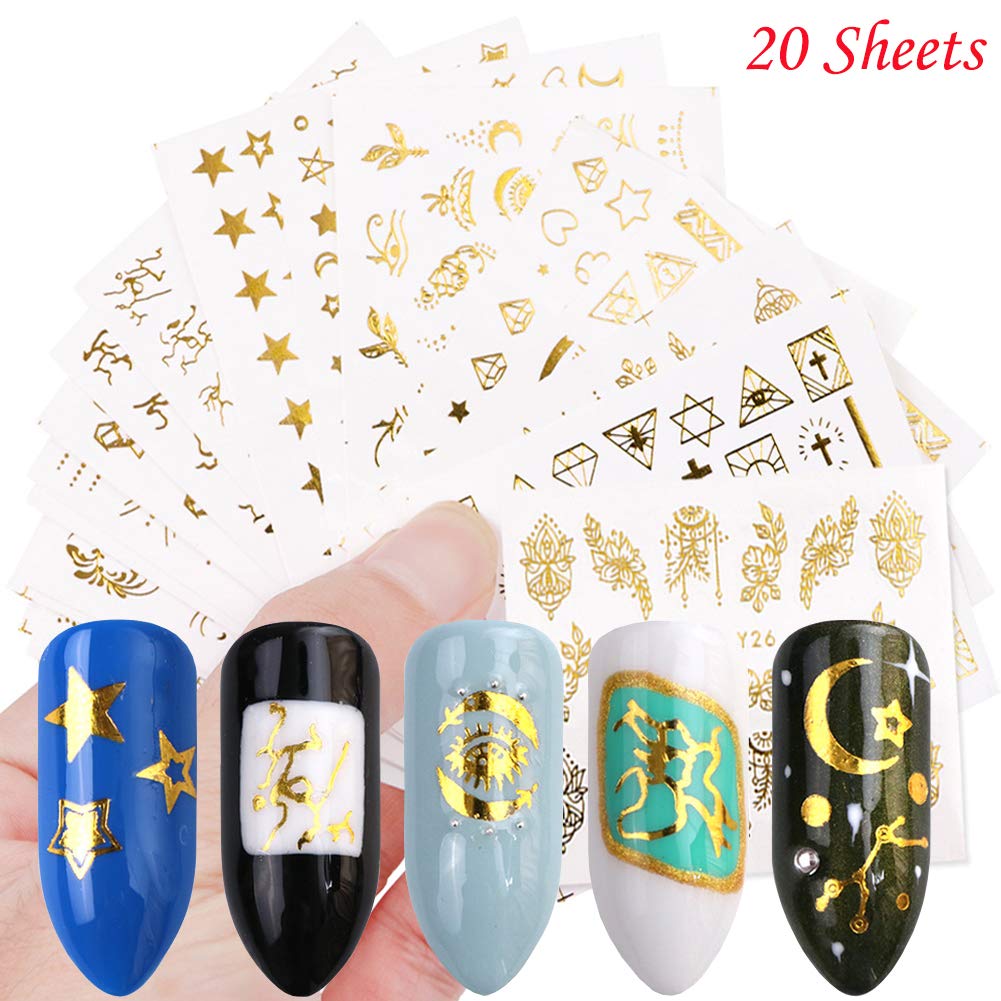 Gold Nail Stickers for Women Metal Nail Decals Water Transfer Nail Art stickers 20 Sheets Nail Art Glitter Design Boho Star Moon Animal Fingernail Tattoos Decorations Manicure Tips Charms Accessories