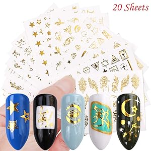 Gold Nail Stickers for Women Metal Nail Decals Water Transfer Nail Art stickers 20 Sheets Nail Art Glitter Design Boho Star Moon Animal Fingernail Tattoos Decorations Manicure Tips Charms Accessories