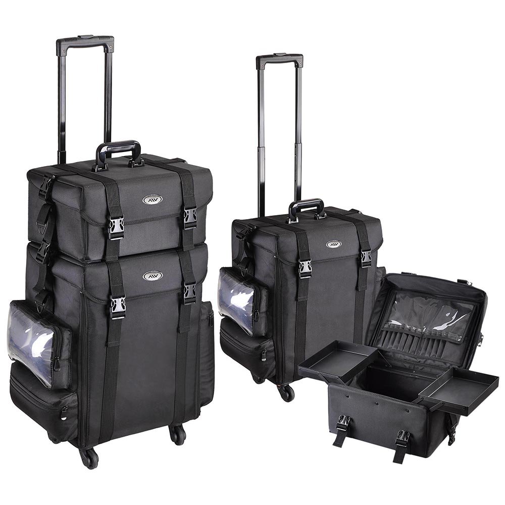 AW Classic Black 2in1 Soft Sided Rolling Makeup Case Freelance Makeup Artist Cosmetic Organize Storage Travel Train Case