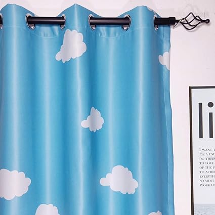 Myru 1 Pair Blue And White Cloud Semi Blackout Curtains For