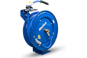 BLUBIRD BBRHD3850 18ga. Retractable Hose Reel with 3/8" X 50' Air Hose, 12 Point Ratcheting Gear, Next-Gen Rubber, Lightest, Strongest, Most Flexible, 300 PSI, -50F to 190F Degrees, Polyester Braided