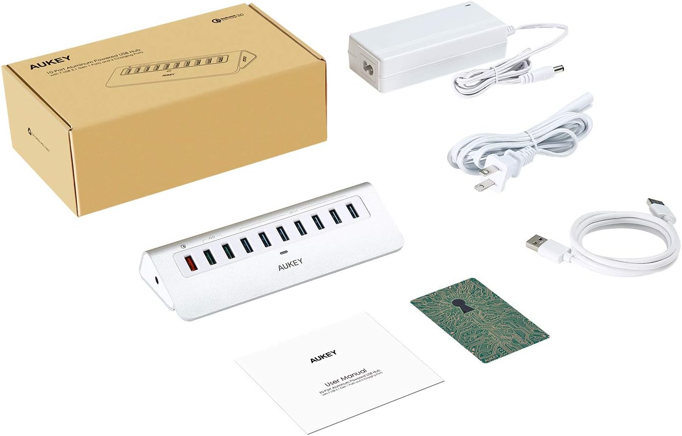 AUKEY Powered USB Hub, Aluminum 10-Port USB 3.0 Hub with 1 Quick Charge 3.0 Port, 2 AiPower Charging Ports, 7 USB 3.0 Data Ports, 12V/4A Power Adapter Compatible with Laptops, Phones, and More: Computers & Accessories