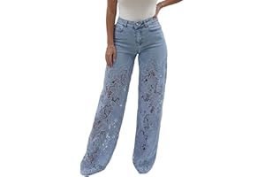 Lace Jeans for Women,Hollow Lace Spliced | High Waisted Fashion Jeans Loose Fit Denim Pants | for Daily Wear