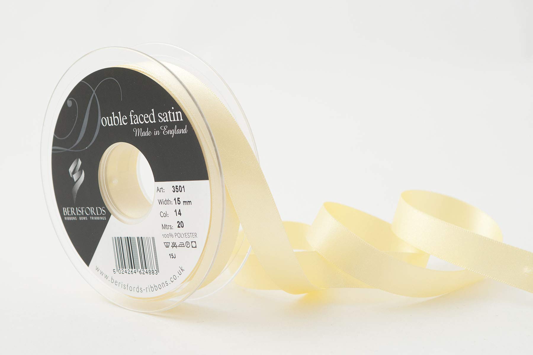 Berisfords Double FACE Poly Satin Ribbon, Pale Lemon, 15 mm — image 1