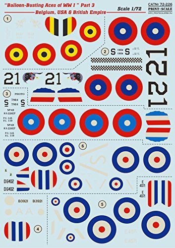 DECAL FOR AIRPLANE BALLOON-BUSTING ACES OF WW I PART 3 - BELGIUM, USA & BRITISH EMPIRE 1/72 PRINT SCALE 72-226