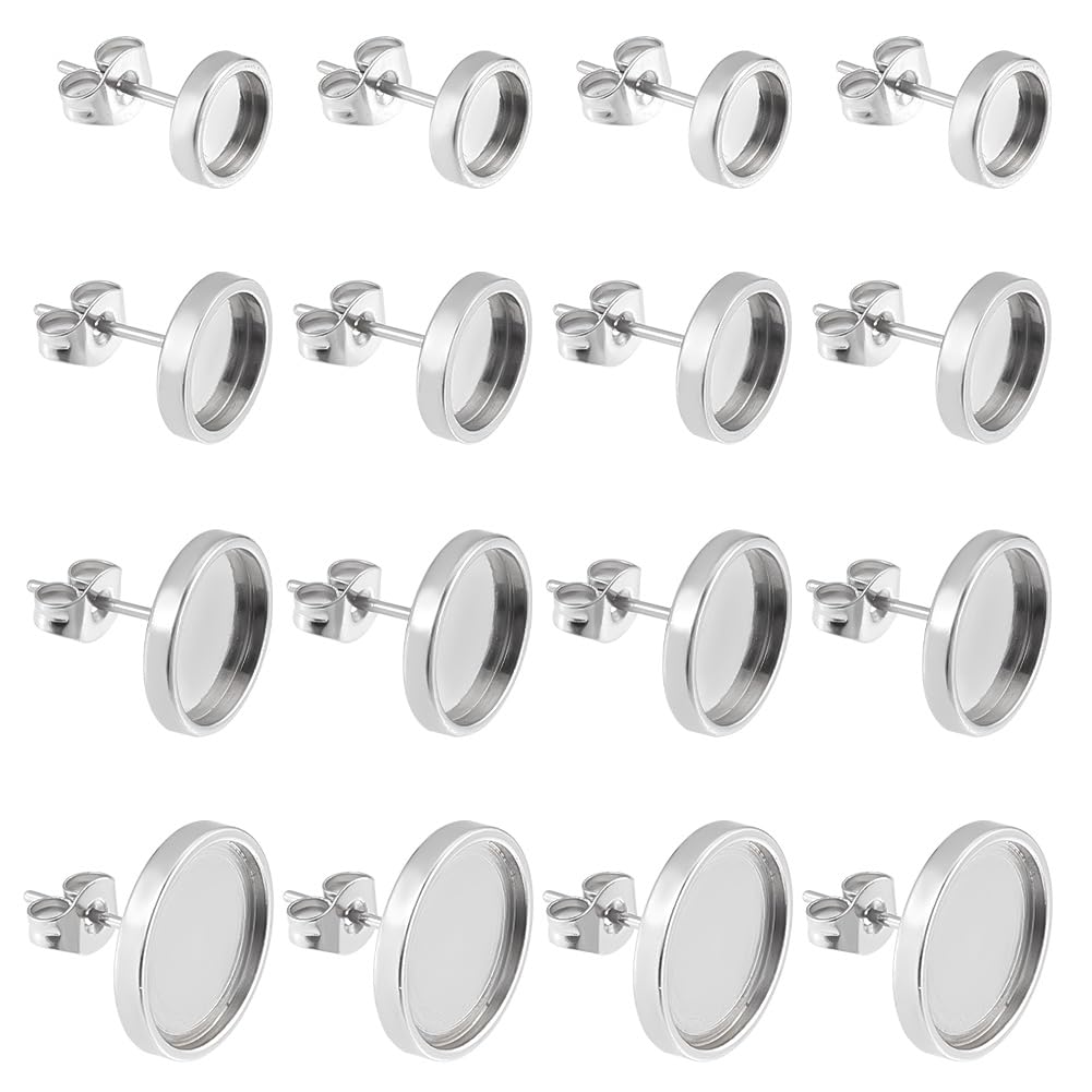 Beebeecraft 1 Box 40Pcs Stainless Steel Earring Studs Cabochon Setting Post Cup with Blank Flat Round Bezel Tray 6/8/10/12mm Earring Studs Components for Jewellery Making DIY Crafts
