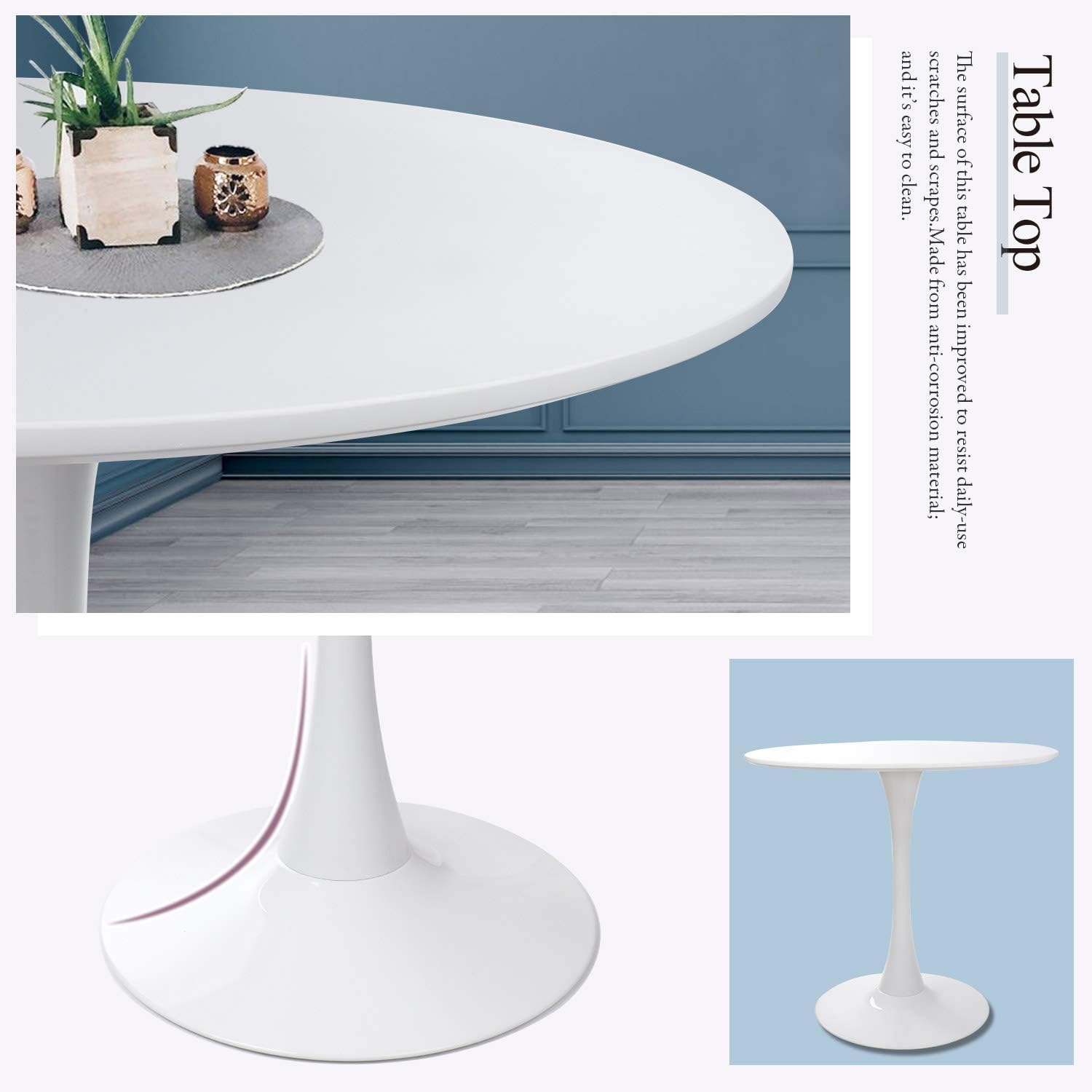 HAYOSNFO Modern Round Dining Table with Pedestal Base in White, Mid-Century Tulip Pedestal Leisure Table: Kitchen & Dining