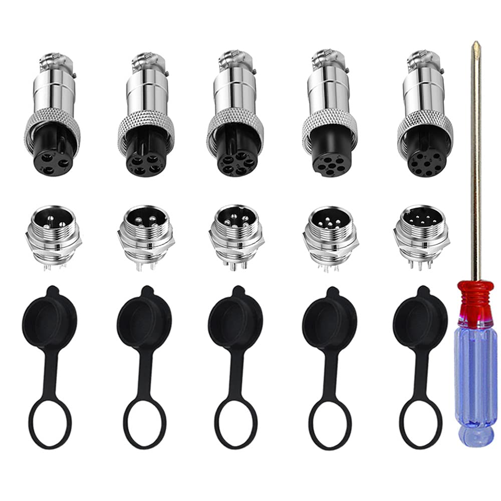 QitinDasen 15Pcs GX12 Aviation Connector Set, 5A 12mm Thread Male Female Panel Metal Aviation Wire Connector Plug Socket, with Rubber Cap and Phillips Screwdriver (3 Pin/4 Pin/5 Pin/6 Pin/7 Pin)