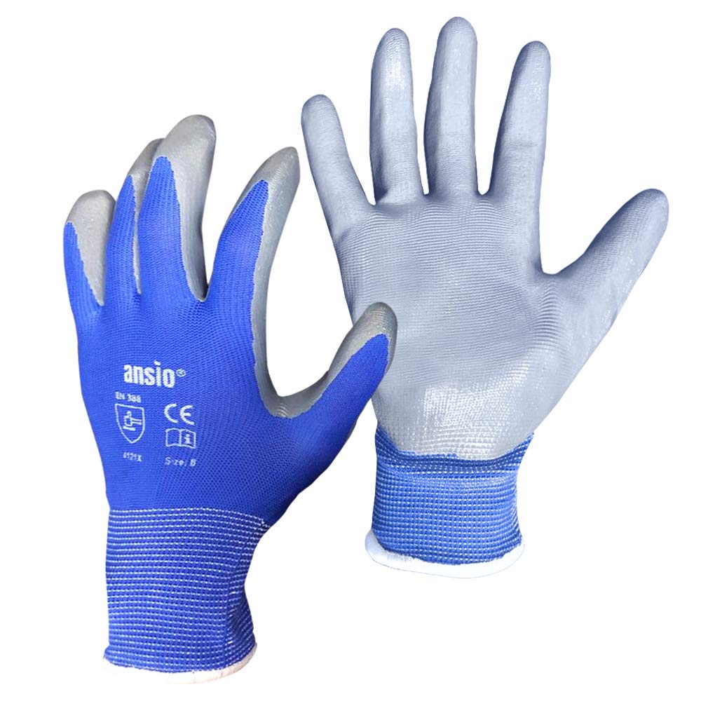 ANSIO 5 Pairs, XL Size PU Coated Nylon Non Slipy Safety Work Gloves Handling Gloves with secure Grip Blue/Grey Gloves (Pack of 5 Pairs) Size 10