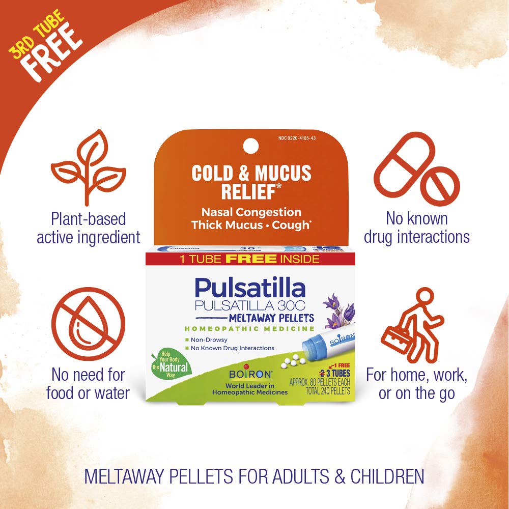 Boiron Pulsatilla 30C Homeopathic Medicine for Relief from Cold, Nasal Congestion, Thick Mucus, and Cough - 3 Count (240 Pellets)