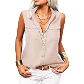Veatzaer Women's Solid Lapel Sleeveless Tank Tops Summer Button Down Shirts Office Ladies Shirts