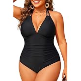 Plus Size One Piece Bathing Suit for Women - Tummy Control Halter Swimsuit | V-neck, Removable pads, Ruched design, Full coverage butt, Adjust neck tie to secure your fit