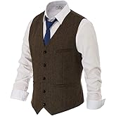 PJ PAUL JONES Men's Western Herringbone Tweed Suit Vest Wool Blend V Neck Slim Fit Waistcoat