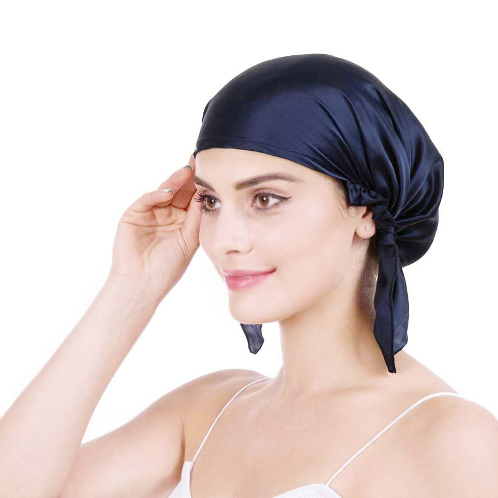 OROPY Mulberry Silk Night Sleep Bonnet Cap Avoid Hair Falling Keep Hair Styles Women Hat 19 Momme Soft Breathable with Elastic Ribbon(Navy Blue, Free Size)