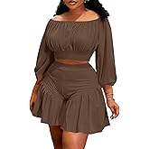 Ophestin Plus Size 2 Piece Outfits for Women Off Shoulder Lantern Sleeve Top Ruffle Trim Shorts Vacation Matching Sets