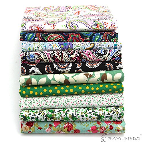 RayLineDo 10 Pcs Different Pattern Multi Color 100% Cotton Poplin Fabric Fat Quarter Bundle 18" x 22" Patchwork Quilting Fabric Paisley and Green Series