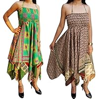 Mogul Interior Lot Of 2 Lenore Womens Halter Dress Two Layer Vintage Recycled Sari Boho Beach Dresses