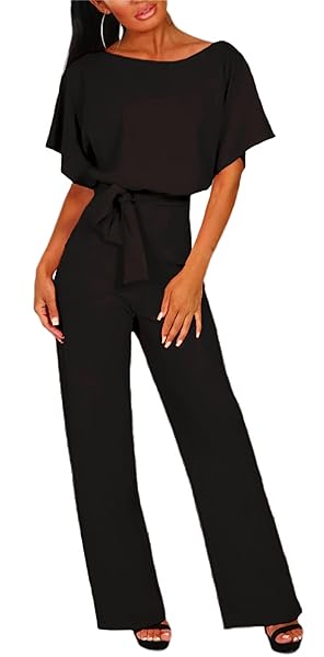BBKKUCK WOMENS ELEGANT FORMAL ROMPERS DRESSY WIDE LEG LONG PANTS JUMPSUITS TIE WAIST BELTED WEDDING GUEST JUMPERS, LARGE, 3-BLACK