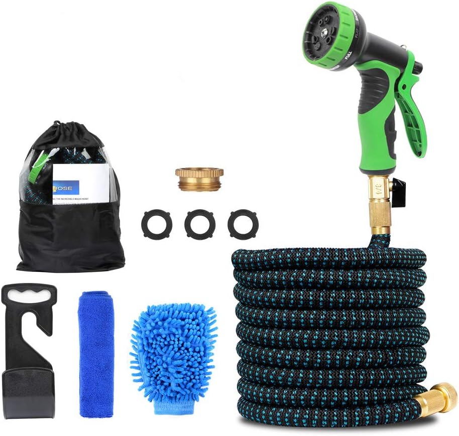 LEMAIKJ Expandable Garden Hose 50FT, Flexible Water Hose Pipe with 10 Function Spray Nozzle, 3/4" Solid Brass Connector,Triple Latex Core Tube Hose Pipe (green)