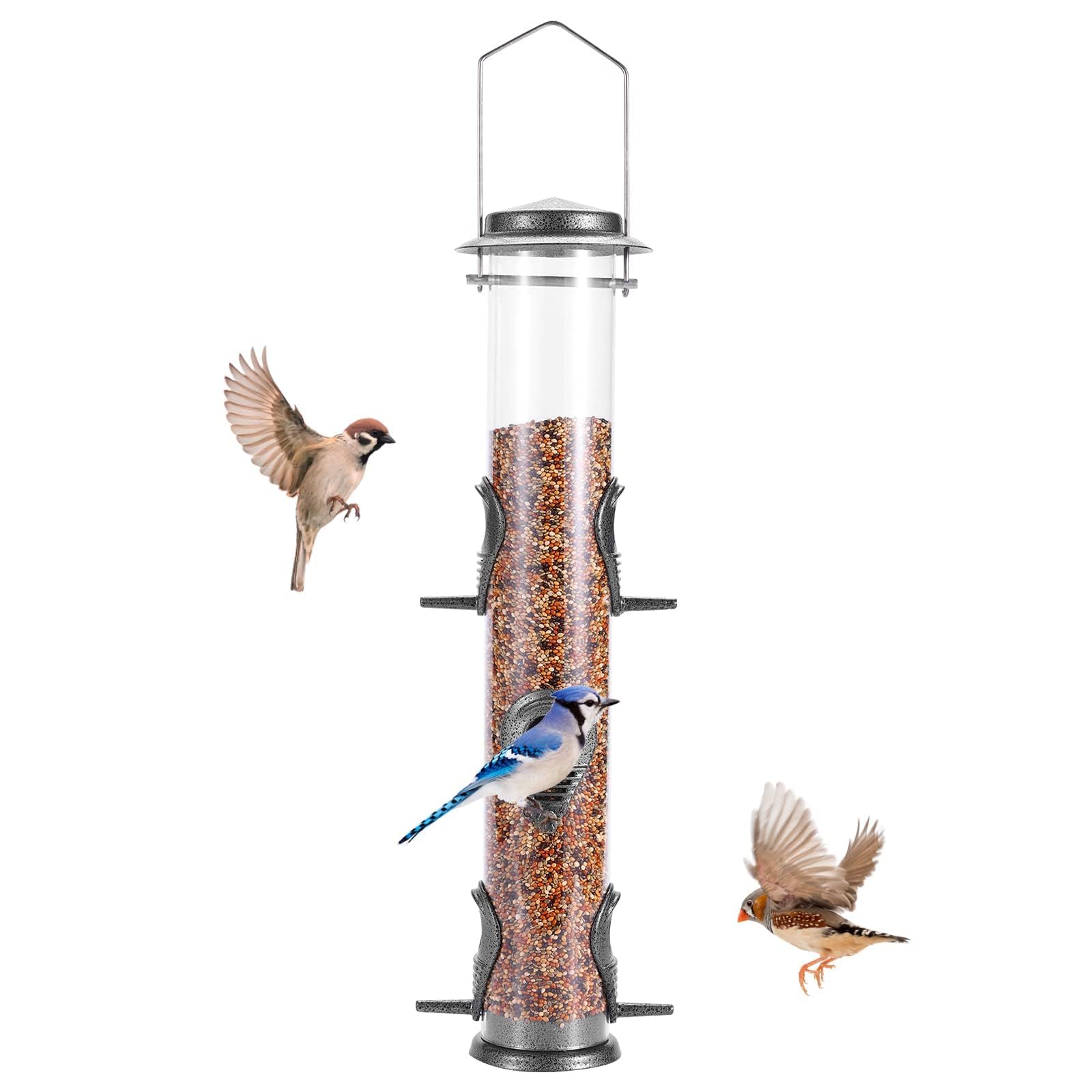 MIXXIDEA Metal Tube Bird Feeders for Outdoors Hanging Bird Feeders for Outside Wild Birds Feeder 6 Ports Hanging Bird Feeder Attract Birds in Your Lawn, Garden, Balcony