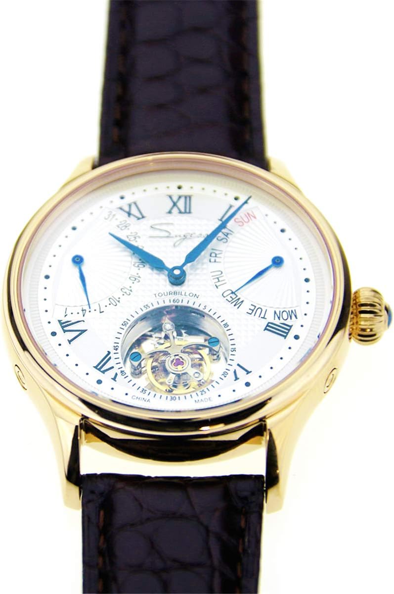 Tourbillon Mens Wrist Watch Sugess Week Calendar Flying Back TianJin Movt Luxury Gold blated case