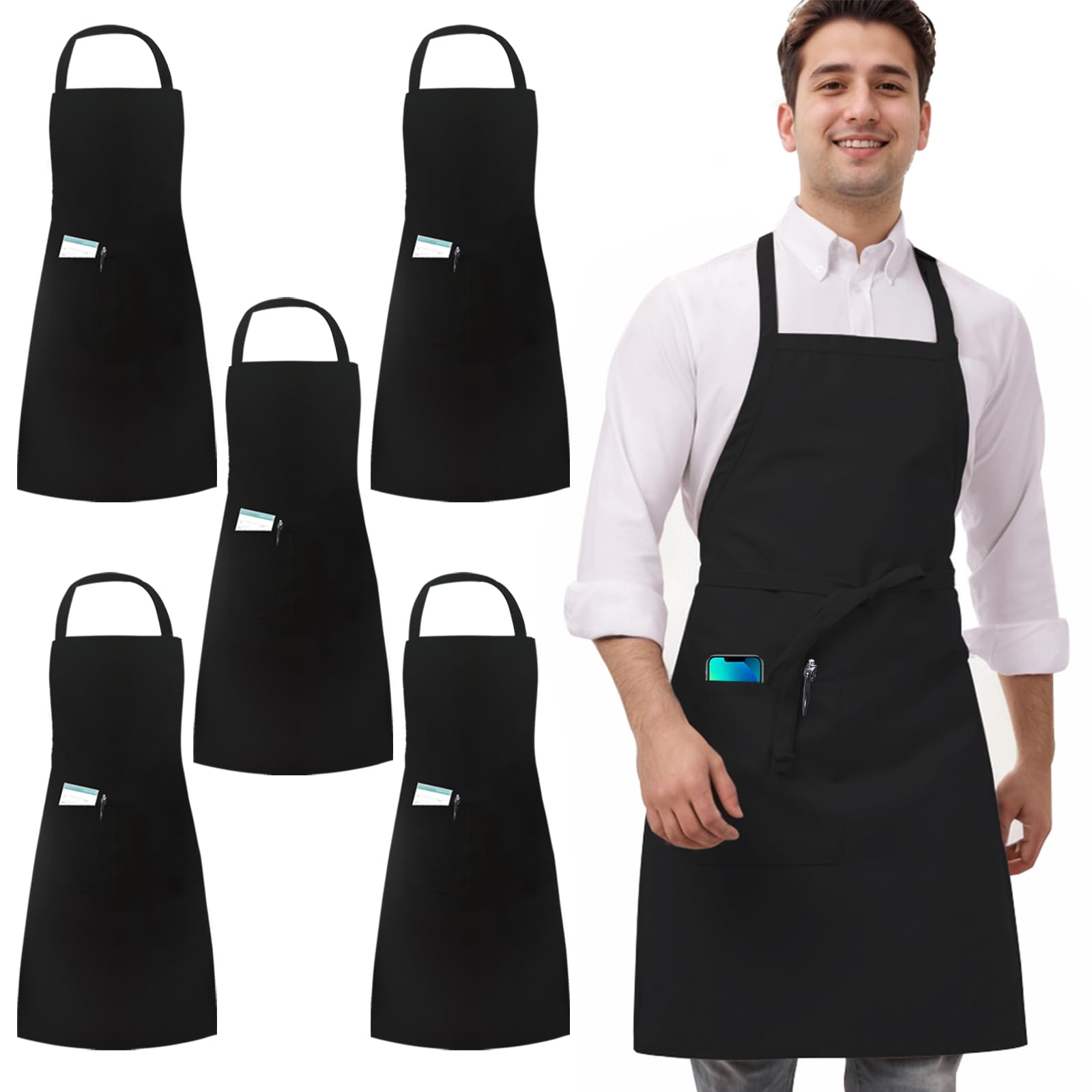 umboom 5 Pack Black Chef Apron, Catering Aprons for Men Women, Professional Work Apron for Kitchen Cooking, Restaurant, Bistro, Bar, Café, Garden, Salon (1 Pocket)