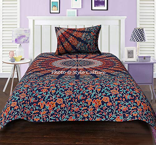 Stylo Culture Cotton Ethnic Mandala Duvet Cover Set Twin Full Size Dark Blue Orange Decorative Peacock Feather Floral Patterned Printed Home Decor for Adults Kids Quilt Comforter Cover