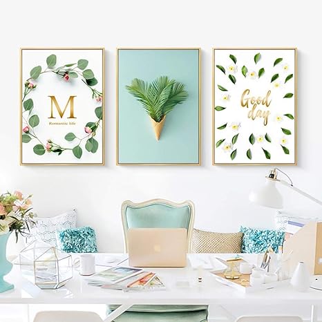 Amazon 抽象的な緑の植物の葉チューリップ白い花英語の単語キャンバス絵画プリントポスター画像壁アート家の装飾15 7インチx 23 6インチ 40 X 60 Cm フレームレス ウォールステッカー オンライン通販