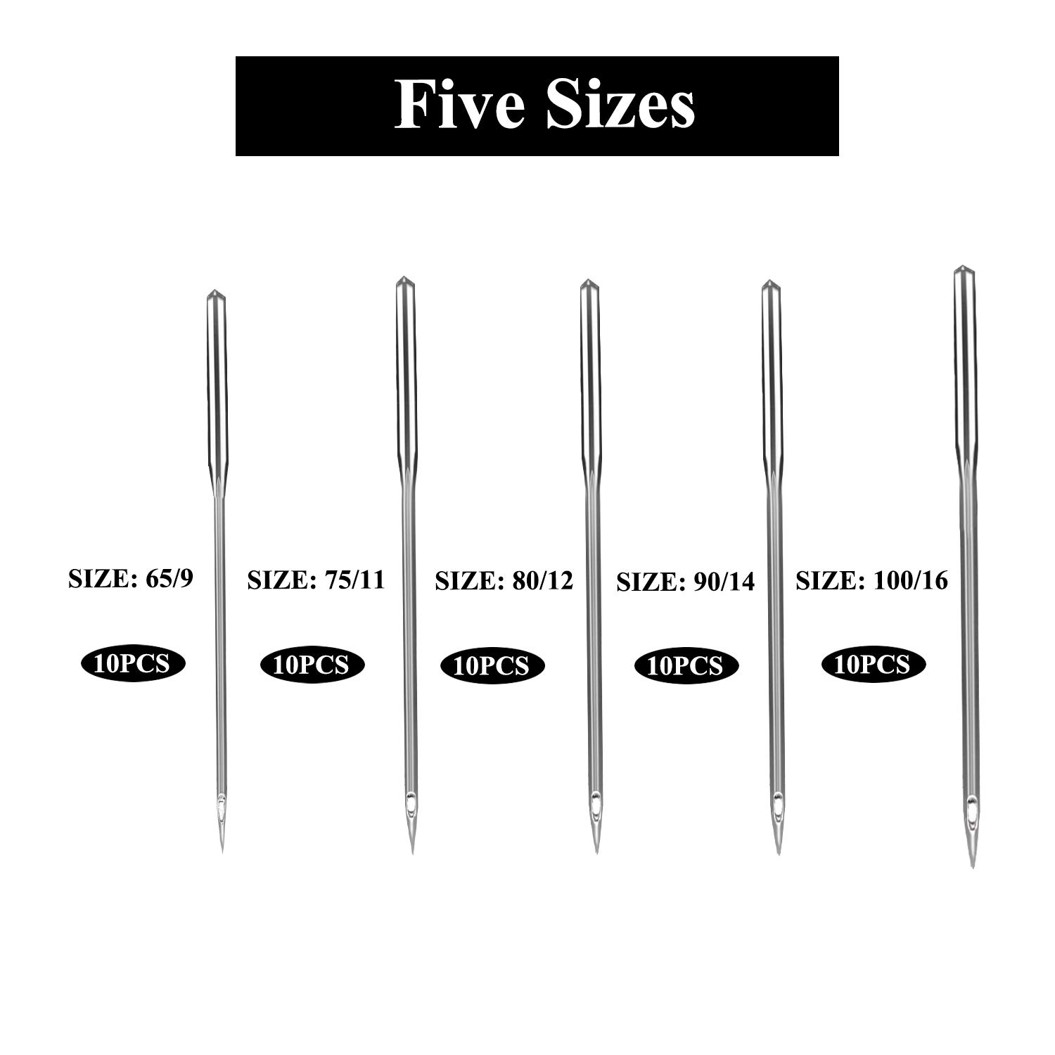 Sewing Machine Needles, 50 Count, Universal Regular Point for All Major Brands of Sewing Machines, Sizes 65/9, 75/11, 80/12, 90/14, 100/16