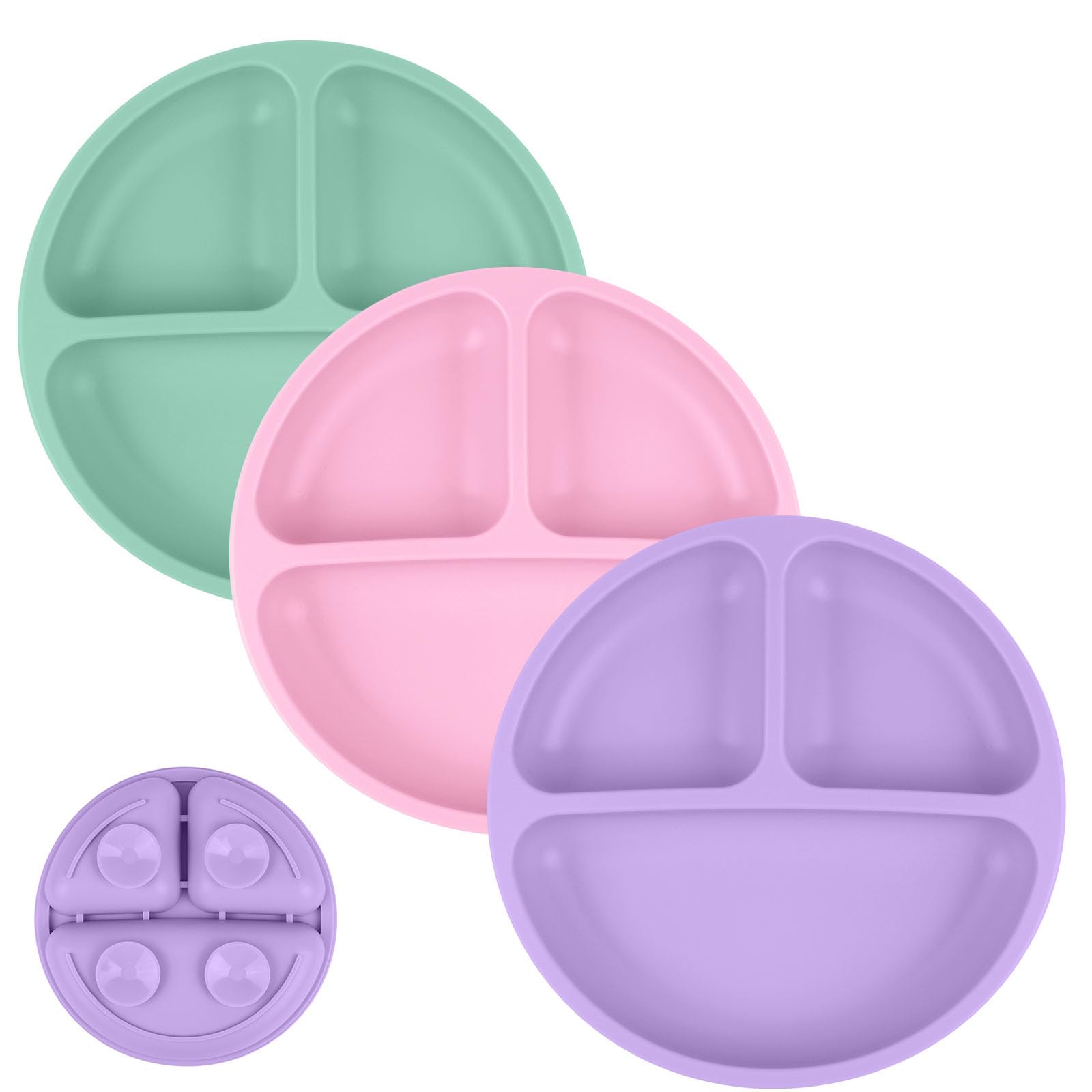 Vicloon Baby Suction Plate, 3Pcs Silicone Baby Suction Plates, Non Slip Silicone Toddler Weaning Plate, Divided Dishes for Toddler Kids Self Feeding, Fits for Most Highchairs Trays（Pink/Purple/Green）