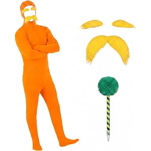 STANETCO Orange Bodysuit Costume with Yellow Beard Eyebrow Accessories for Cosplay Halloween Christmas