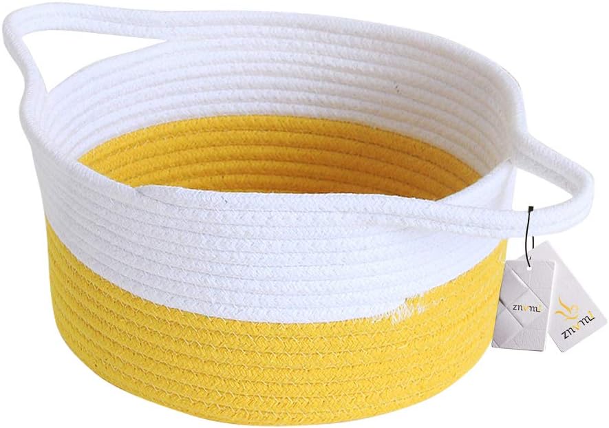 ZnvmiCotton Rope Storage Basket Natural Woven Nursery Hamper Toy Organizer Bins with Handles, Yellow/White