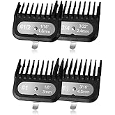 Clipper Guards Set Compatible with Most Wahl Clippers, -1/16" to 3/16", 4 Piece Set, Black Color, New Version