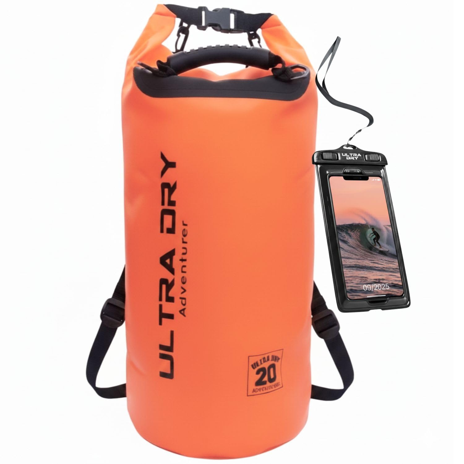Premium Waterproof Bag, Sack with Phone Dry Bag and Long Adjustable Shoulder Strap Included, Perfect for Kayaking/Boating/Canoeing/Fishing/Rafting/Swimming/Camping/Snowboarding (Orange, 20 L)