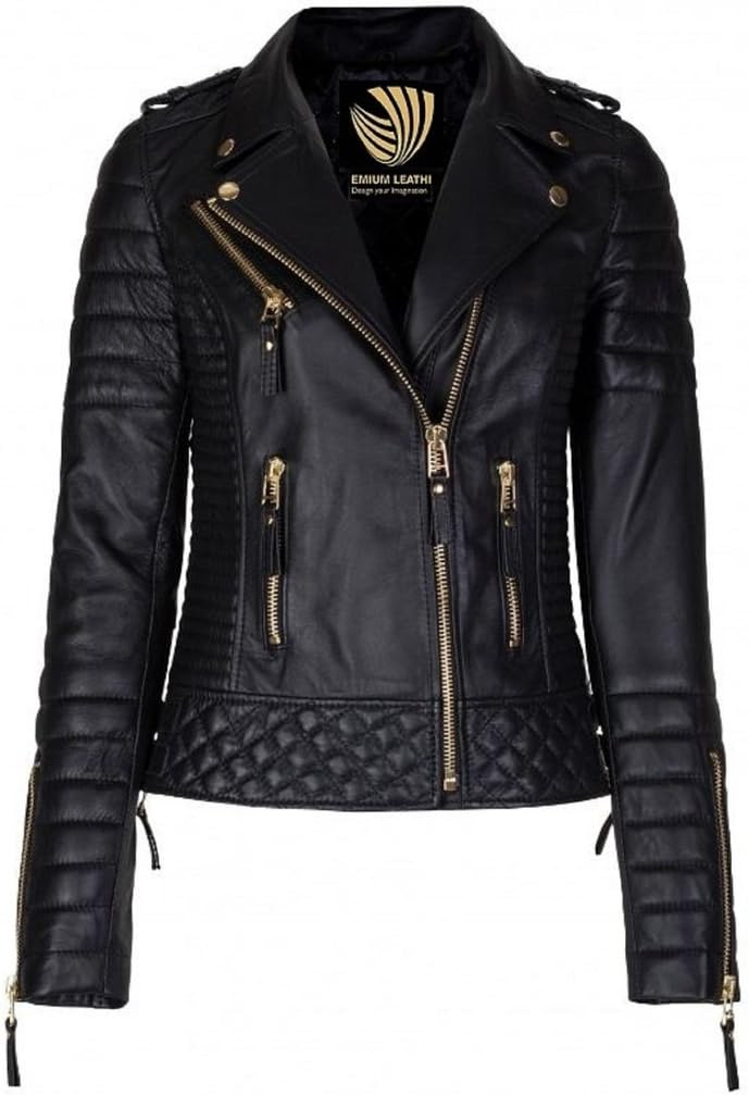 Exportica LeatherWomen's Lambskin Leather Motorcycle Biker Jacket - Large Black