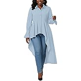 Umenlele Women's Button Down Long Sleeve Asymmetric Ruffle High Low Hem Blouse Shirt Top Sky Blue Medium