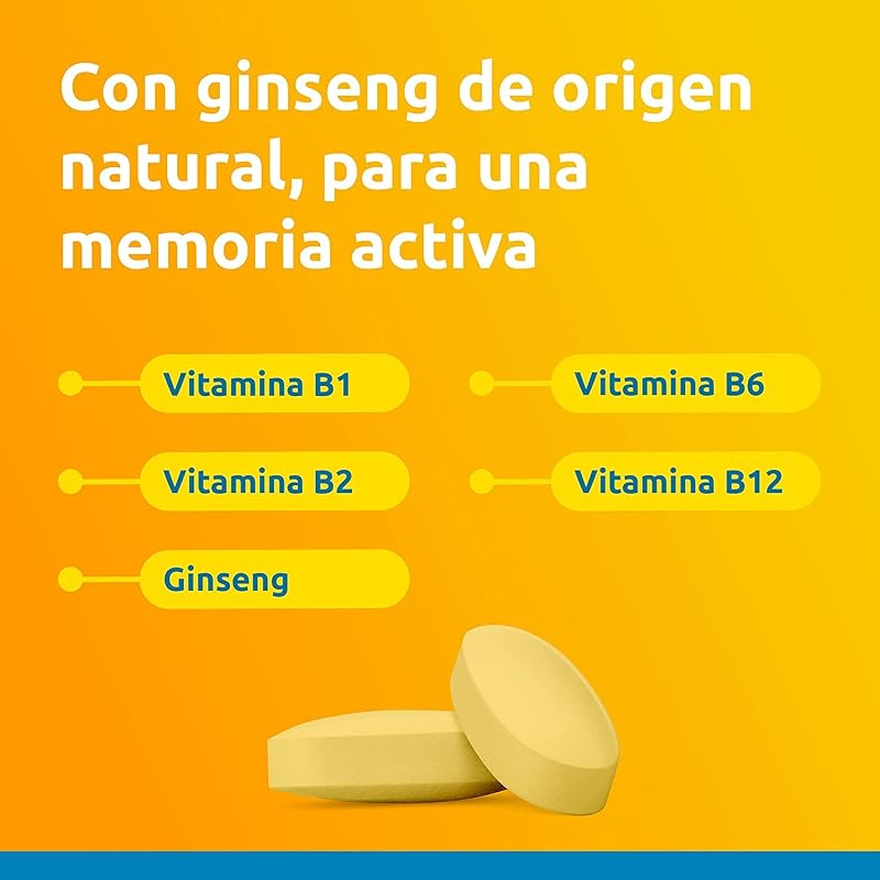 Multivitamínicos Memory 50+ para memória e concentração, Vitaminas, Vitamina C, Minerais, Ginseng, Zinco, Sem Glúten, Sem Lactose, Laranja, Amarelo, 30 comprimidos