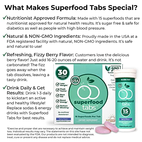 Superfood Tabs - Plant-Based Fizzy Drink, 15 Effective Superfoods, Boost Hydration with Burdock Root, Matcha, Beetroot & More. Sugar Free, Non-GMO, Keto Friendly, Gluten Free, 60 Drinks, Berry Flavor