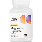 PureFormulas Magnesium Glycinate 100 mg Daily Support for Stress, Nerves, Sleep, Muscles, Metabolism Pure Magnesium Glycinate Supplement for Women and Men Magnesio Non-GMO 120 Tablets