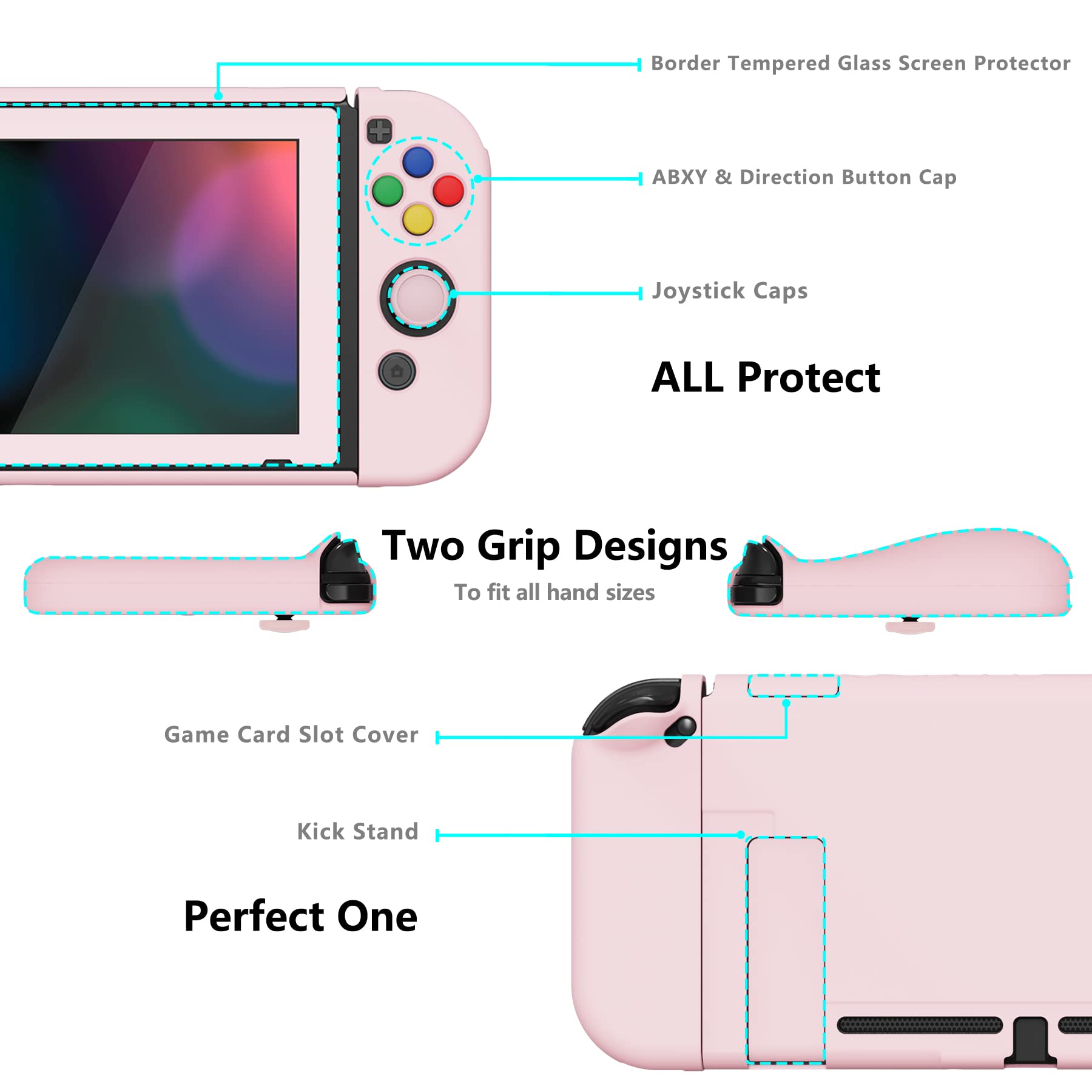 PlayVital AlterGrips Ergonomic Grips Cover for Nintendo Switch, [2 Design] Interchangeable Comfort Dockable Protective Case with Screen Protector & Thumb Grip Buttons Caps - Cherry Blossoms Pink