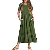 Batermoon Girls Short Sleeve Dress Casual A-Line Flowy Tiered Beach Maxi Dress with Pockcets