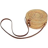 Hossejoy Handwoven Round Rattan Bag Shoulder Leather Straps for Women