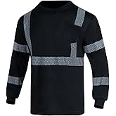 WISIGO High Visibility Safety Shirts Class 3 Hi Vis Reflective Long Sleeve Construction Work T-Shirt for Men(Black,2XL)