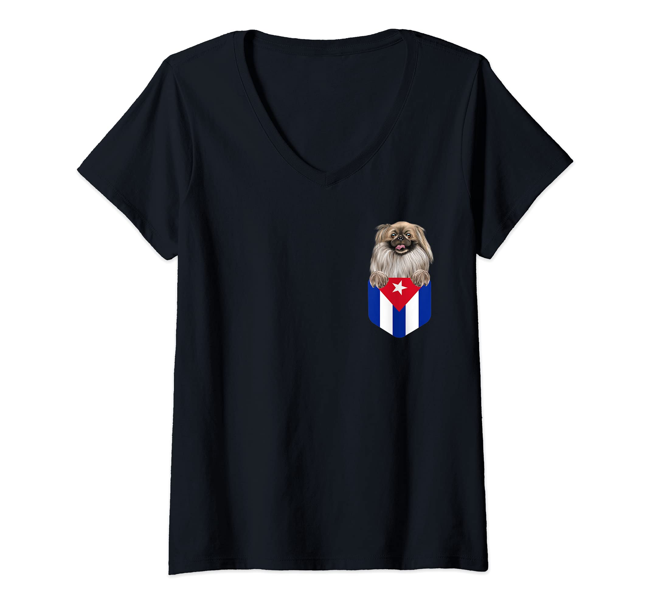 Womens Cuba Flag Pekingese Dog In Pocket V-Neck T-Shirt