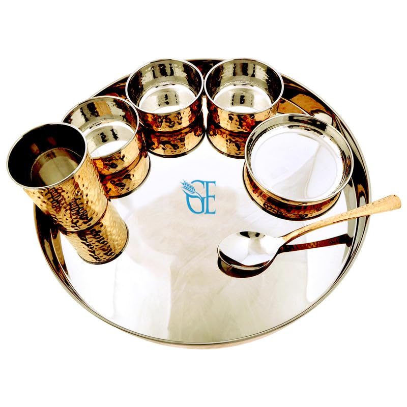 GRAINEX ENGINEER Stainless Steel Copper Hammered Finish Dinner Set of 1 Thali, 3 Bowl, 1 Water Glass, 1 Dessert Spoon, 1 Sweet Dish (Thali Diameter 13 inch) Set of 1