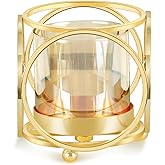 YIUTOYILY Gold Hurricane Candle Holder with Metal Frame & Windproof Glass Lid, Geometric Cutouts for Weddings, Parties, Home Decor