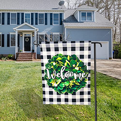POJORY Welcome Summer Garden Flag Wreath Double Sided Burlap Spring Summer Flag Buffalo Check Plaid Small Vertical Yard Flag Farmhouse Porch Outside Decoration, 12 x 18 Inch, Black and White