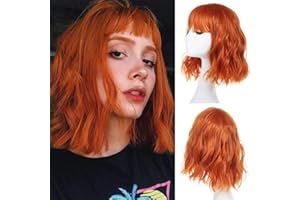 Leeven Short Bob Wigs with Bangs for Women Orange Curly Wavy Wig Loose Wavy Shoulder Length Synthetic Cosplay Wig for Girl Co