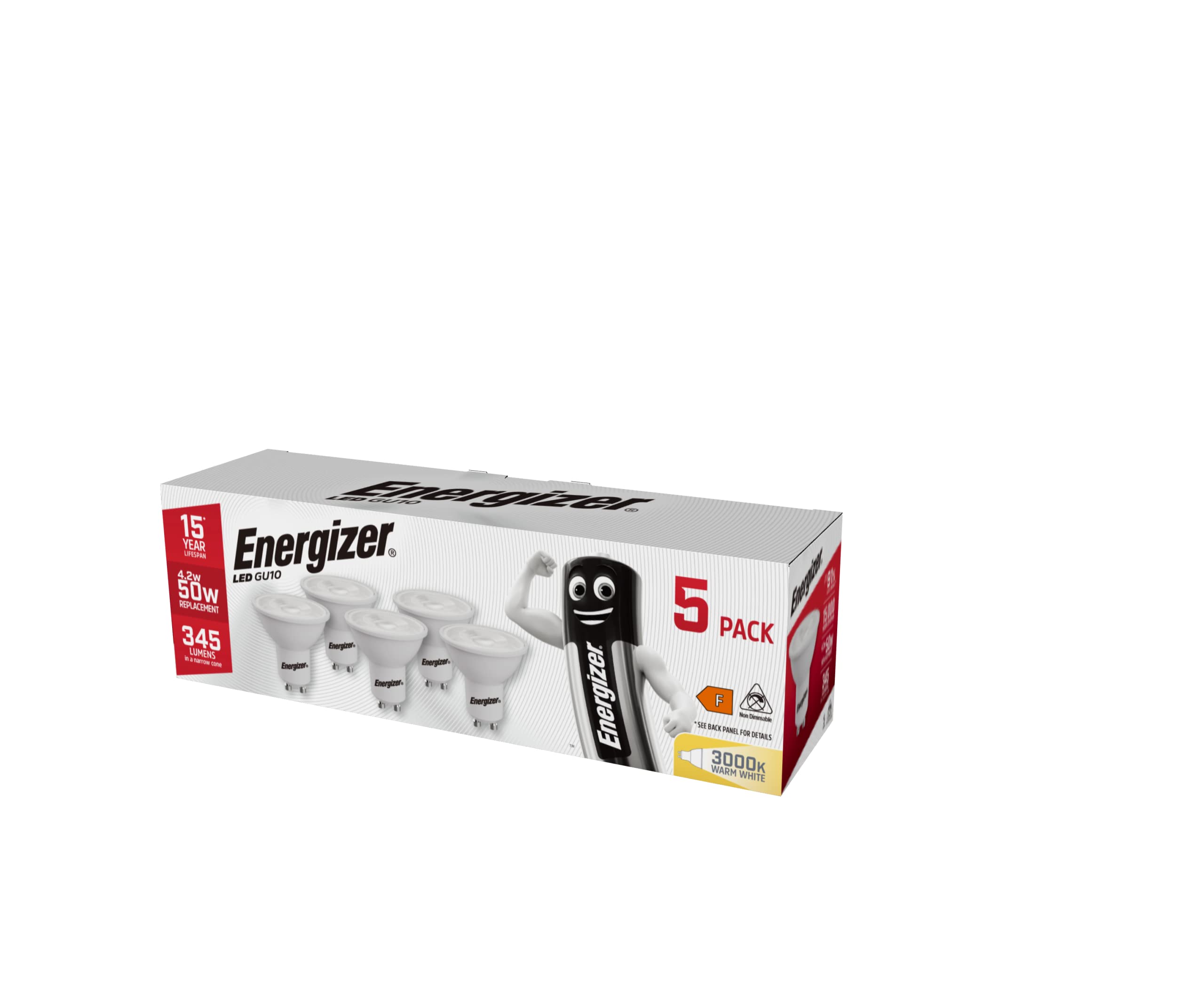 Energizer GU10 LED Bulbs Warm White 3000K Light Bulb Pack of 5 – 50W Halogen Spotlight Bulb Equivalent – 345LM Energy Saving GU10 Non Dimmable LED Bulbs — image 1