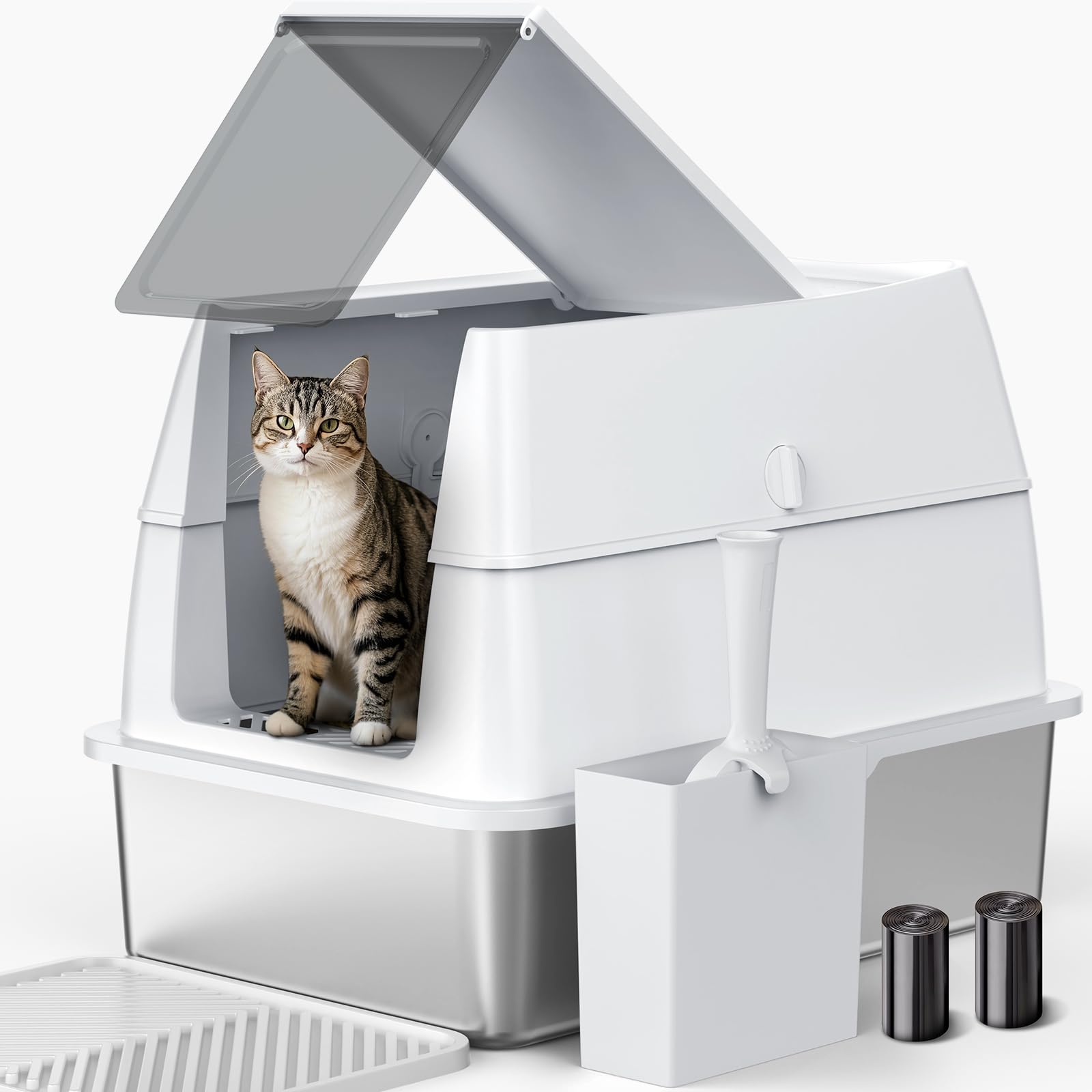 Photo 1 of Stainless Steel Litter Box with Lid, XL Extra Large Metal Cat Litter Boxes for Big Cats Enclosed, Easy to Scoop with Litter Scoop Set, High Sides Enclosure Anti-Urine Leakage Non-Sticky